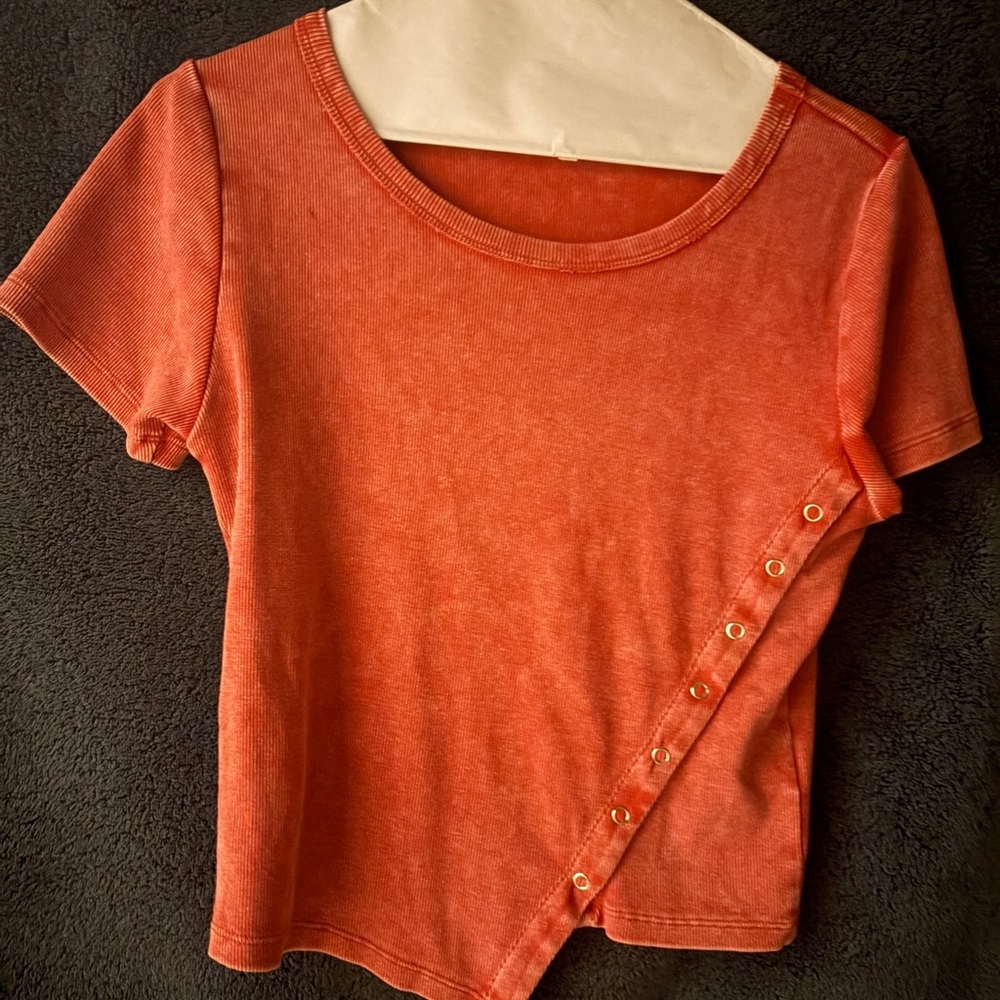 Gilded Intent Washed Asymmetrical Top in Rust Orange/Hot Sauce Button Accent S